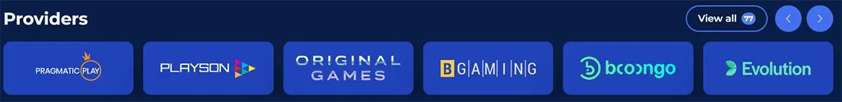 “Providers section with a horizontal row of provider logo tiles (Pragmatic Play, Playson, Original Games, BGaming, Booongo, Evolution) plus a ‘View all’ button and navigation arrows."