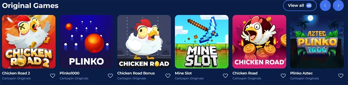 “Original Games carousel showing ‘Chicken Road 2’, ‘Plinko1000’, ‘Chicken Road Bonus’, ‘Mine Slot’, ‘Chicken Road’, and ‘Plinko Aztec’ game tiles with a ‘View all’ button and slider arrows.”