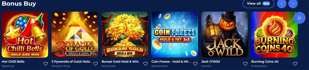 ‘Bonus Buy’ games row showing Hot Chilli Bells, 3 Pyramids of Gold, Bonsai Gold Hold & Win, Coin Freeze – Hold & Hit, Jack O’Wild, and Burning Coins 40 tiles with a ‘View all’ button and carousel arrows.