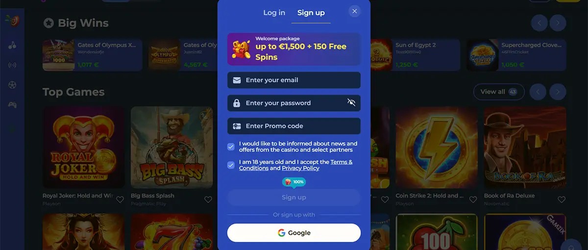Casino sign-up popup with welcome package ‘up to €1,500 + 150 Free Spins’, email/password and promo code fields, consent checkboxes, and a Google sign-up button over a blurred games lobby.